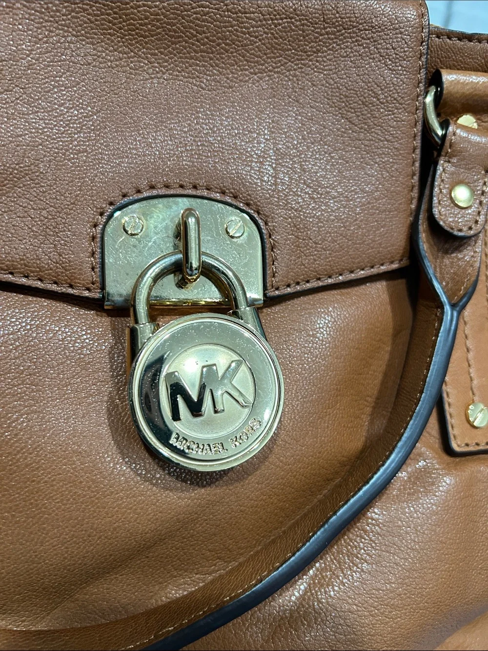 Michael Kors Cognac Leather Shoulder Bag with Gold-Tone Lock
